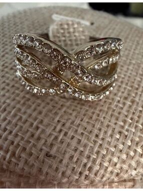 Gold Tone Crisscross Rhinestone Statement Ring - Clear Stones
